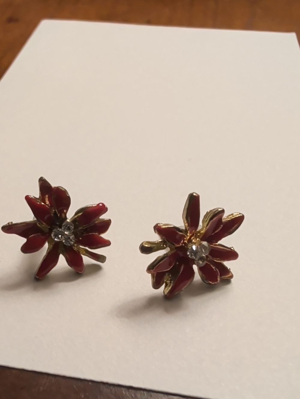 Poinsettia Earrings Vintage Red Goldtone Enamel Floral Pierced Earrings